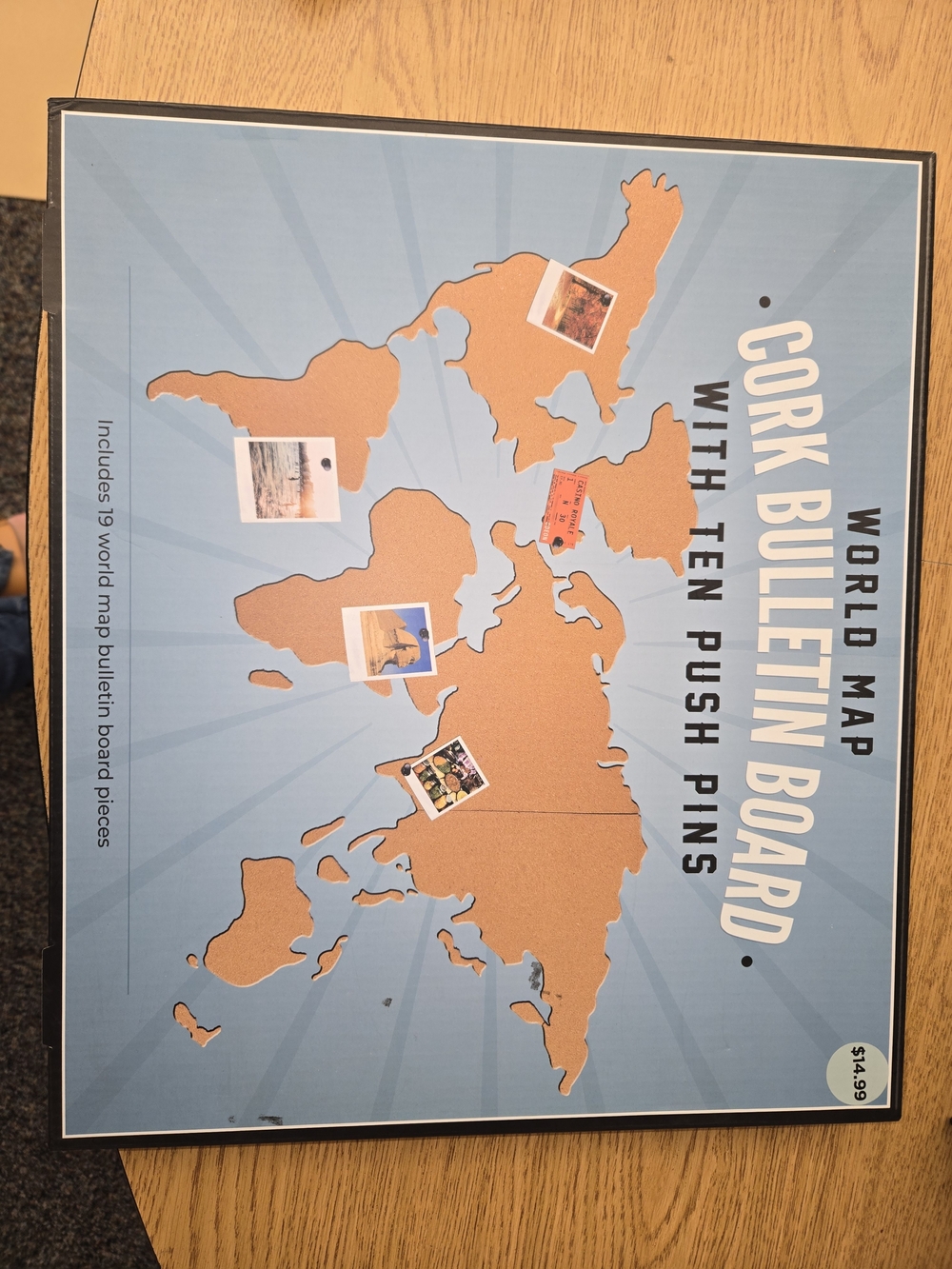 World Map Cork Bulletin Board — Blue & Cork Push-Pin Map